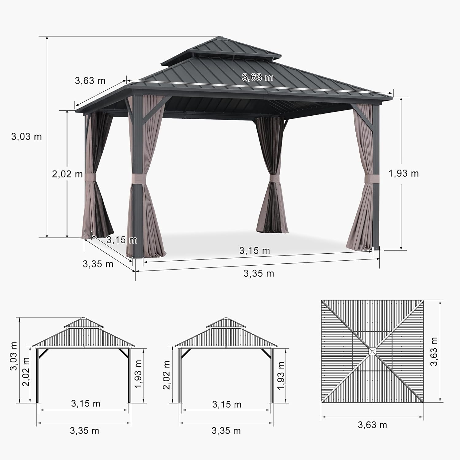 jardinito - Pavillon jardin double toit alu 3,65x3,65m, rideaux, moustiquaire