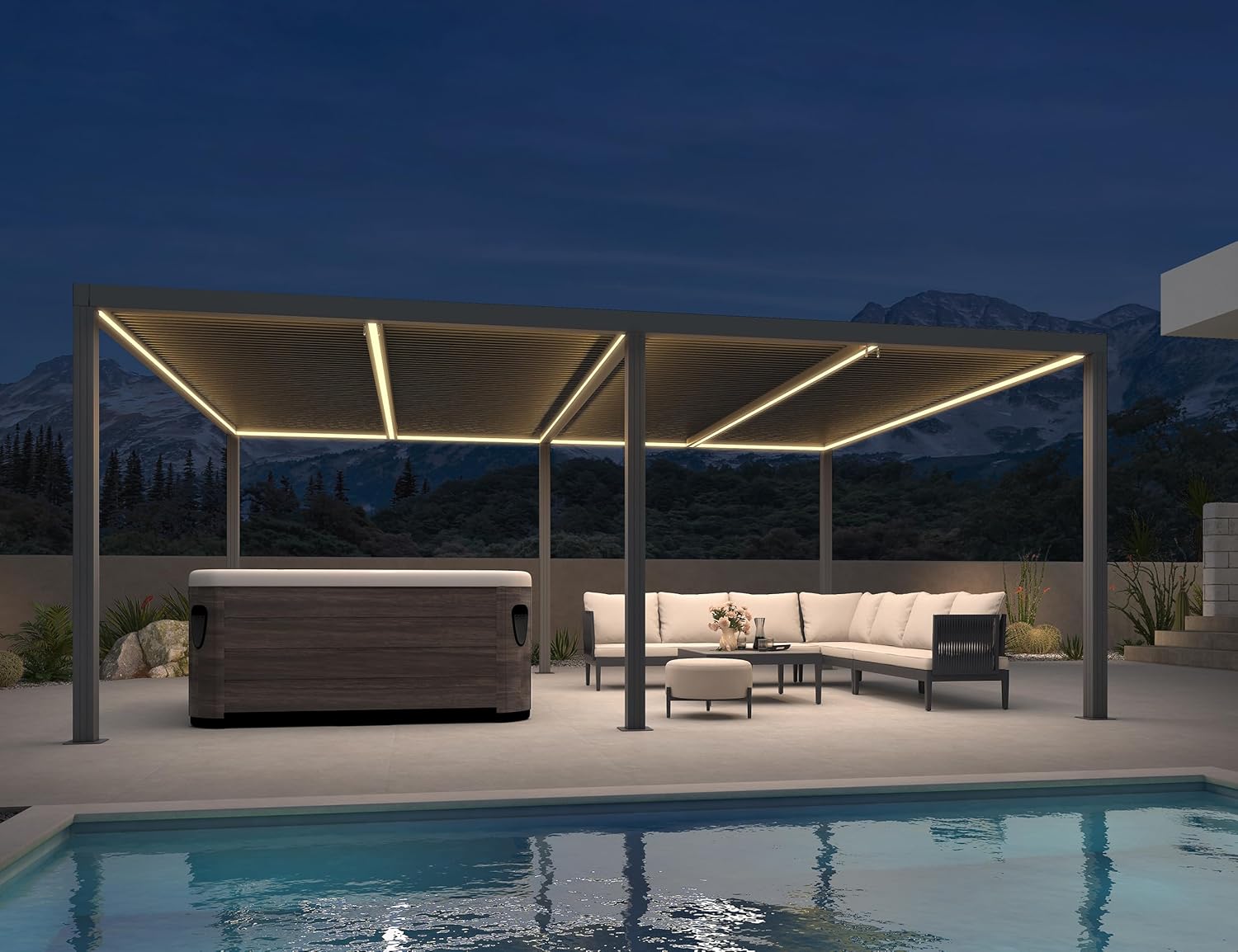 jardinito - Pergola bioclimatique - 6 x 3,68 m - alu, LED, gouttières, gris