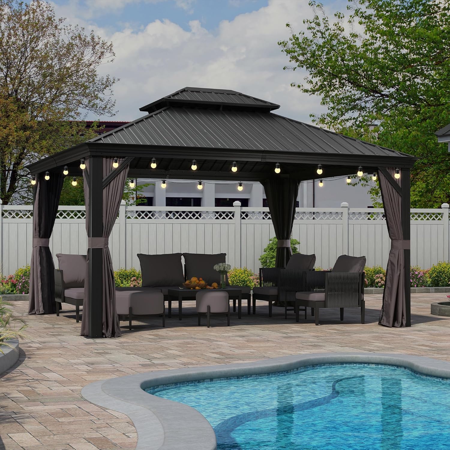 jardinito - tonnelle aluminium - 4,25x3,65m - éclairage intégré, rideaux moustiquaires, gouttière, poteaux renforcés