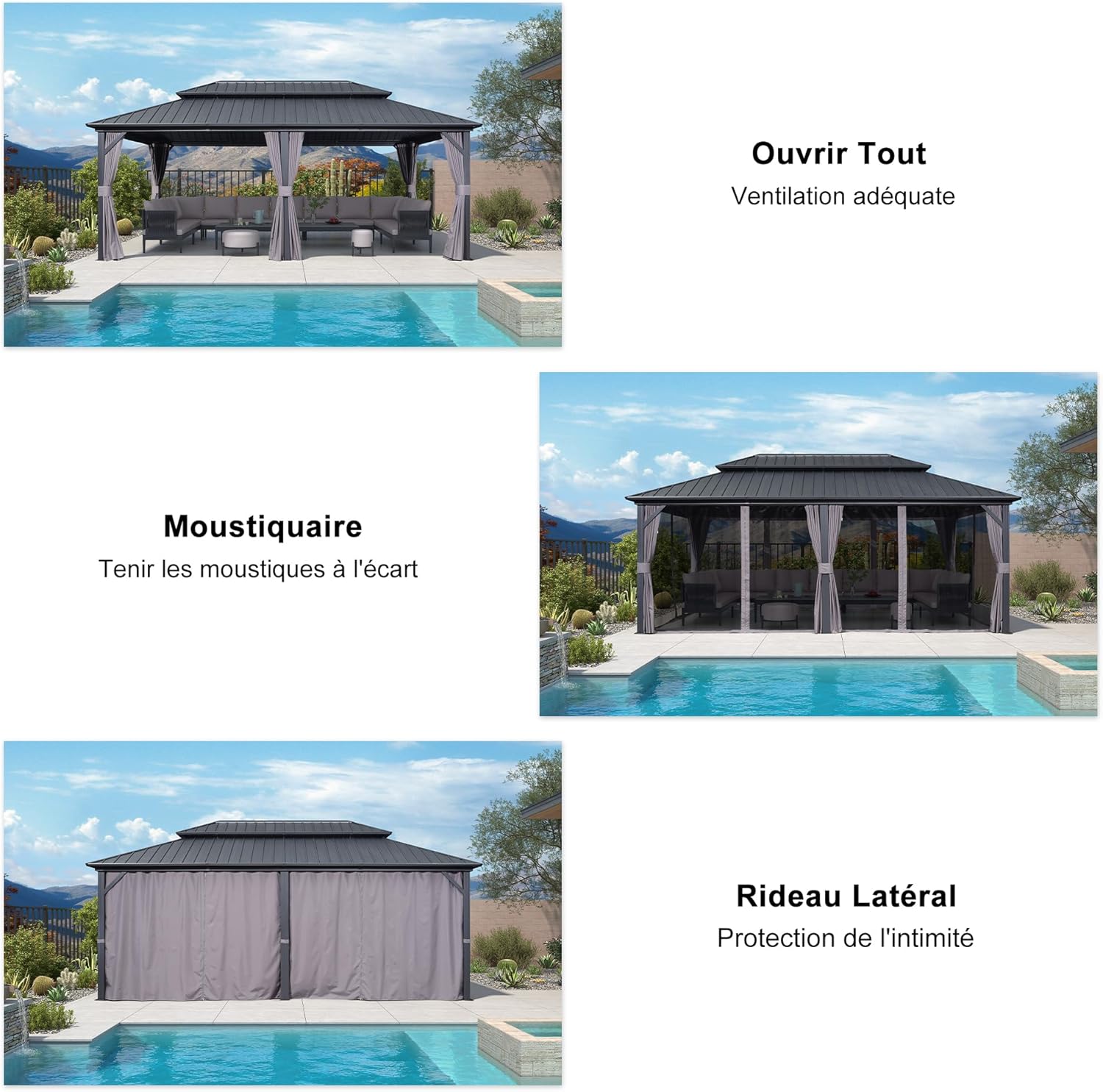 jardinito - Tonnelle double toit rigide, 6 x 3,65 m, moustiquaire, aluminium, gris