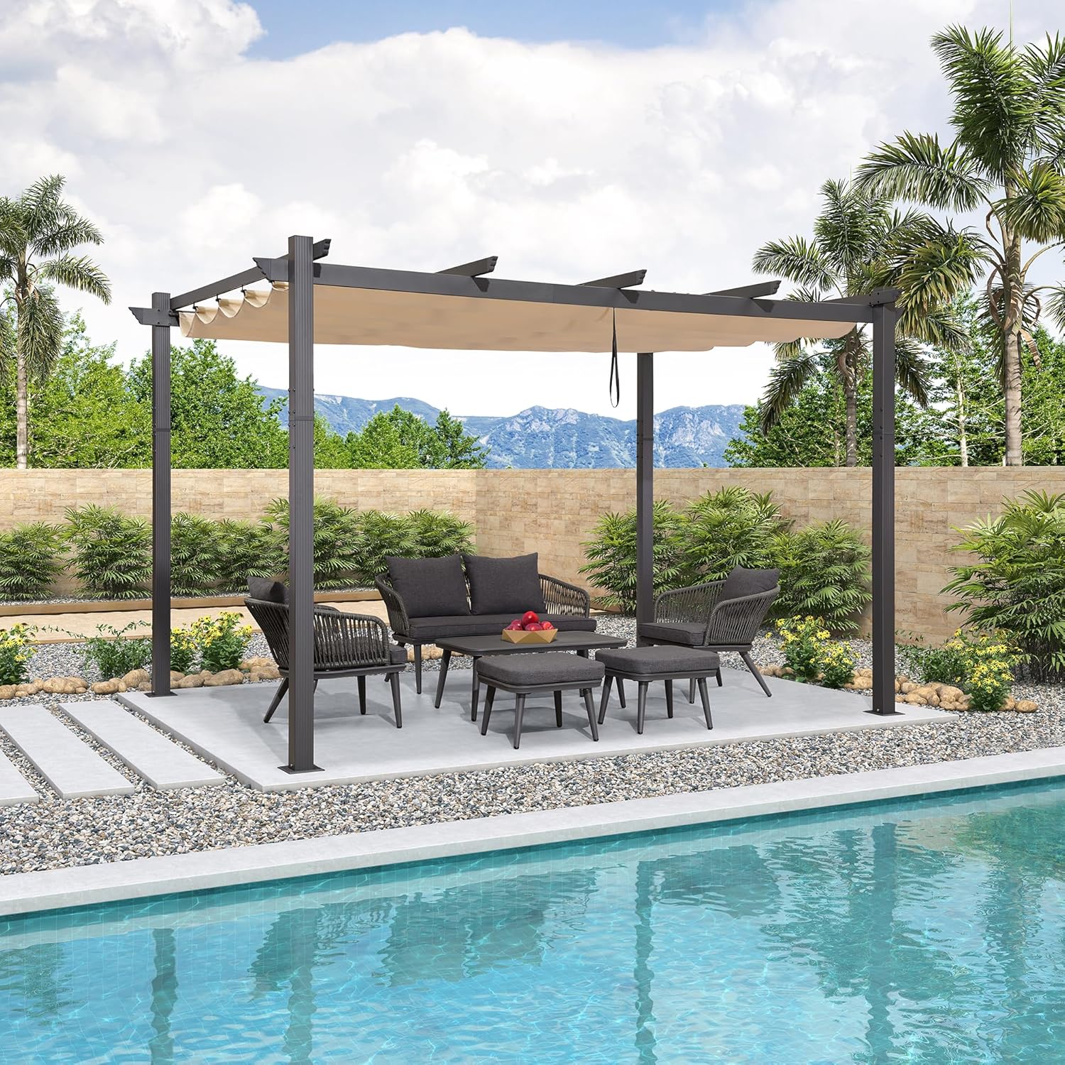 jardinito - Pergola Aluminium - 4x3m - Toit coulissant, tissu kaki