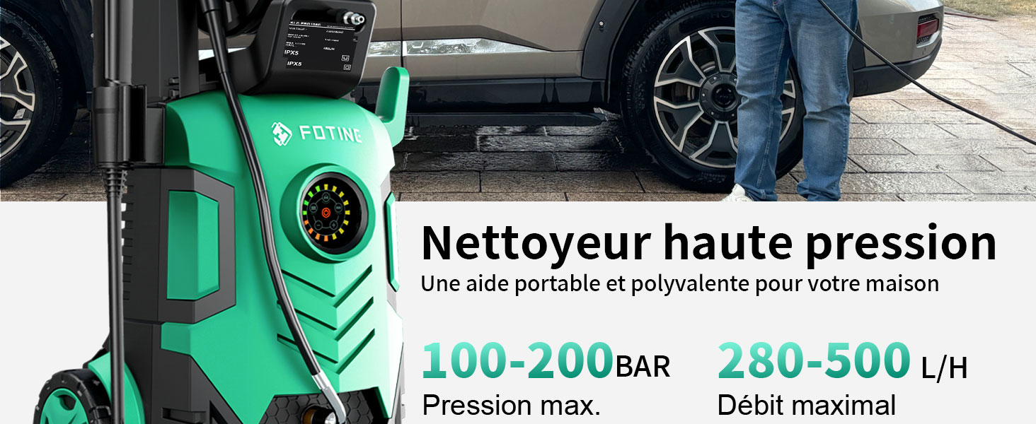 Le texte indique « Nettoyeur haute pression » (Nettoyeur haute pression). Démonstration du produit montrant un nettoyeur haute pression vert utilisé sur des surfaces extérieures.