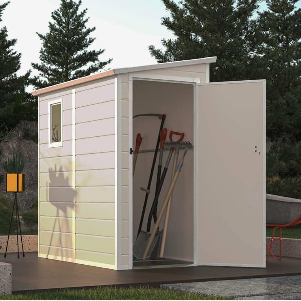 jardinito Abri de Jardin Adossé en Résine Beige 2,09m² | Rangement Extérieur avec Fenêtre et Aération | Kit de Fondation Inclus | Structure Acier Galvanisé