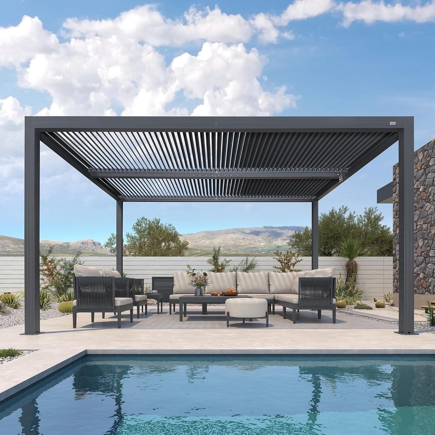 jardinito - Pergola Bioclimatique - 4,24 x 3,3 m - Aluminium, lames orientables, commande indépendante, gris