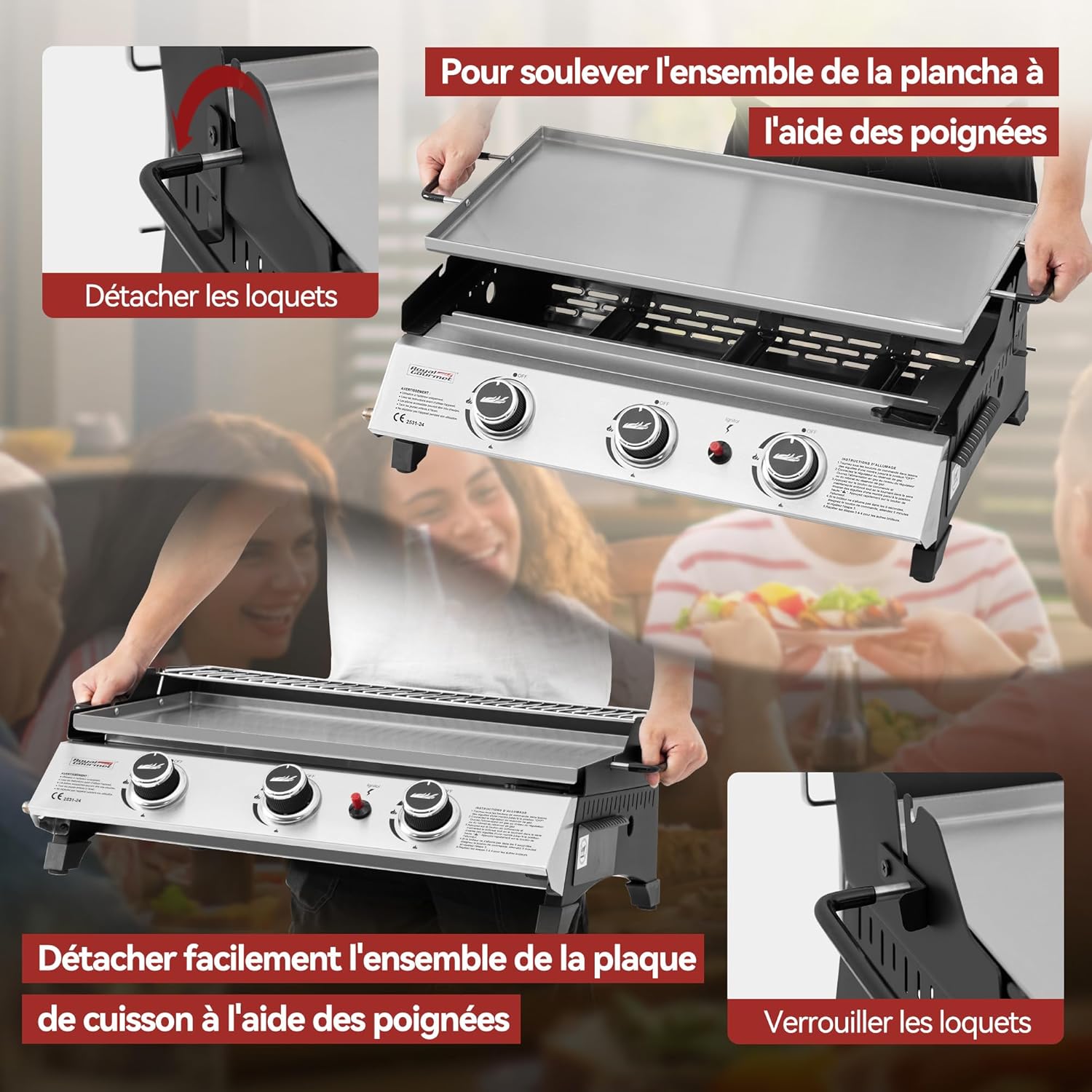 jardinito - Plancha gaz inox 3 brûleurs 61,5x32cm, 7,5kW, usage extérieur