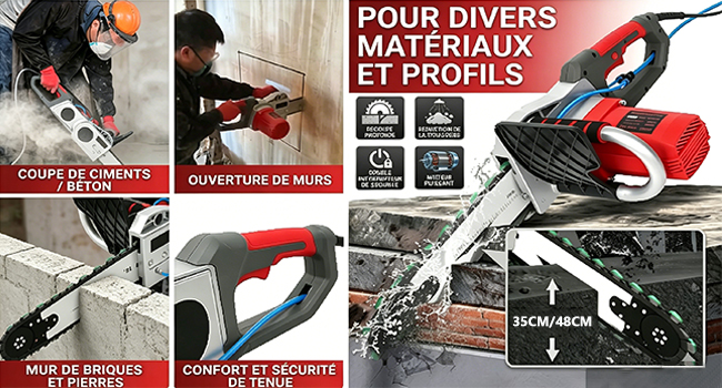Le texte se lit comme suit : « POUR DIVERS MATÉRIAUX ET PROFILS », « COUPE DE CIMENT », « OUVERTURE DE MURS », « CONVIENT À L'ÉLECTRICITÉ », « ÉCHANGE ». Outil électrique rouge et bleu avec lame de coupe illustrée coupant des matériaux sous plusieurs angles.