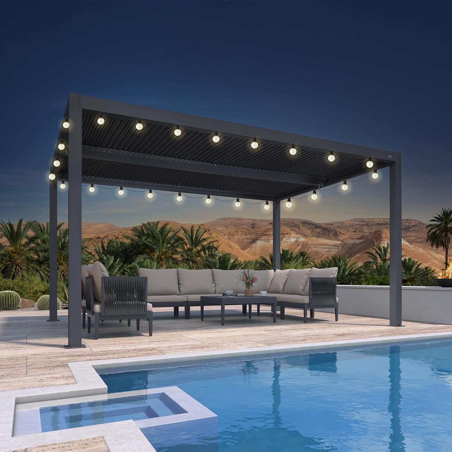 jardinito - Pergola bioclimatique 4,24x3m, aluminium, lames orientables, éclairage extérieur, 12,72m², Gris