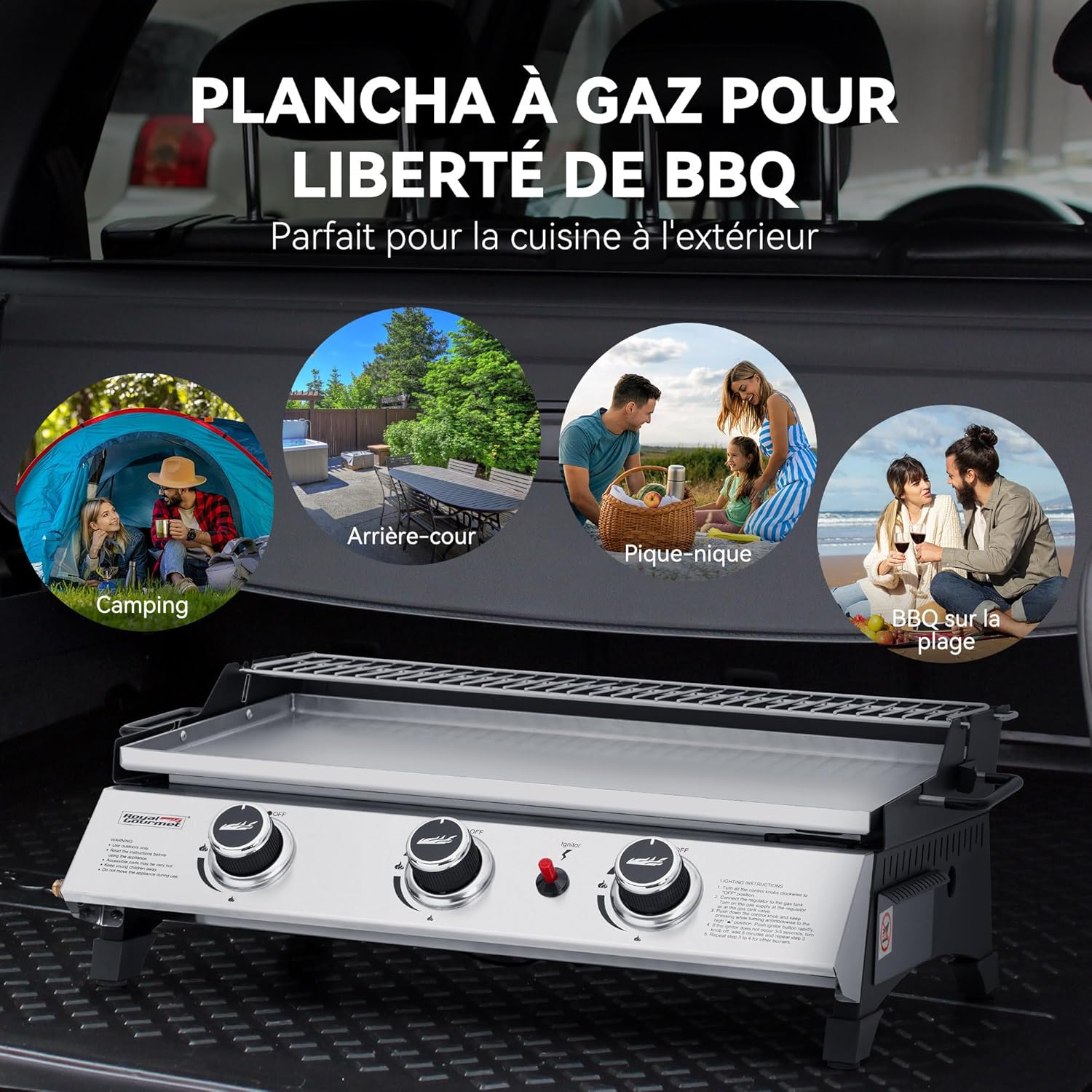 jardinito - Plancha gaz inox 3 brûleurs 61,5x32cm, 7,5kW, usage extérieur