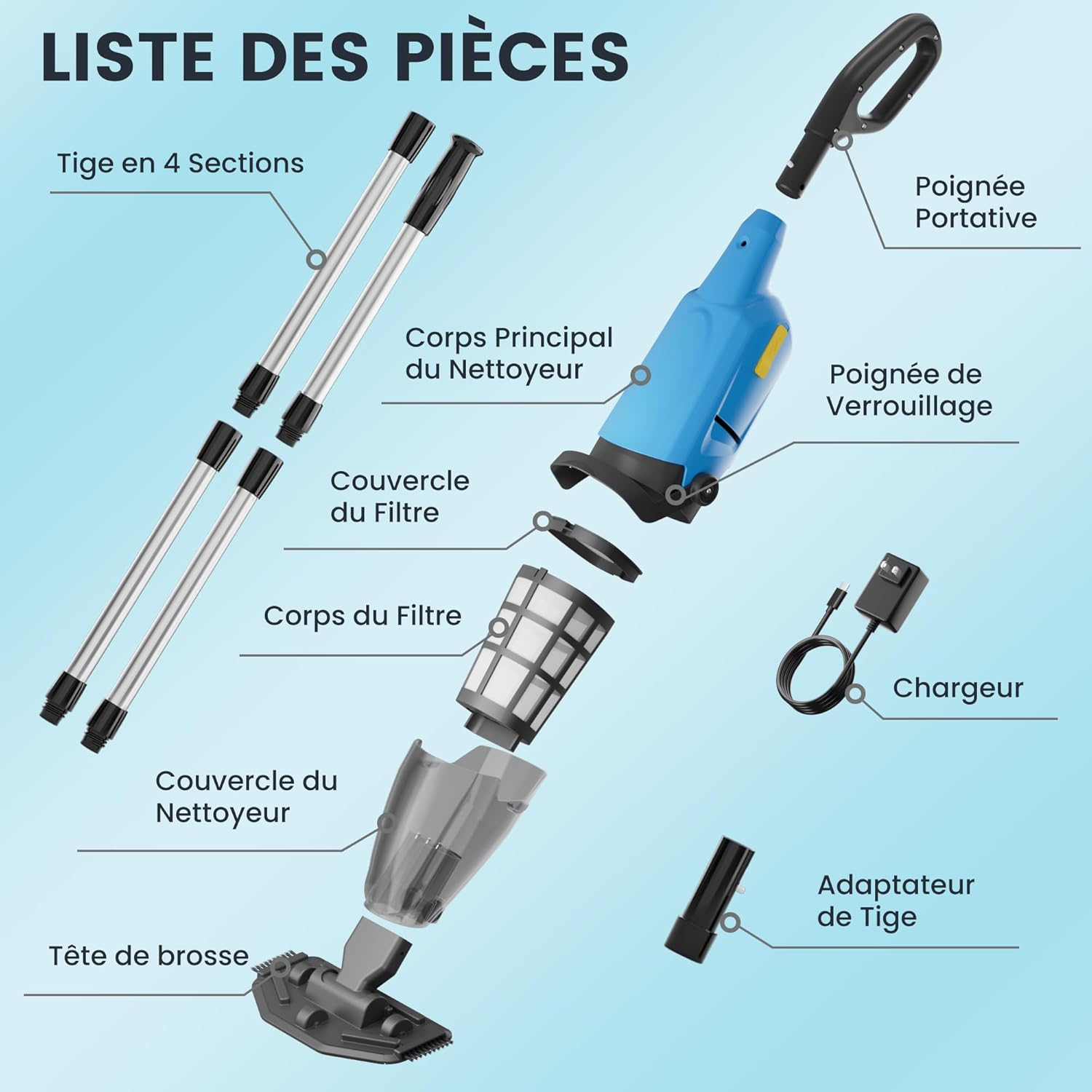 Aspirateur de piscine sans fil - 90min d’autonomie - 4088 L/h - idéal spas