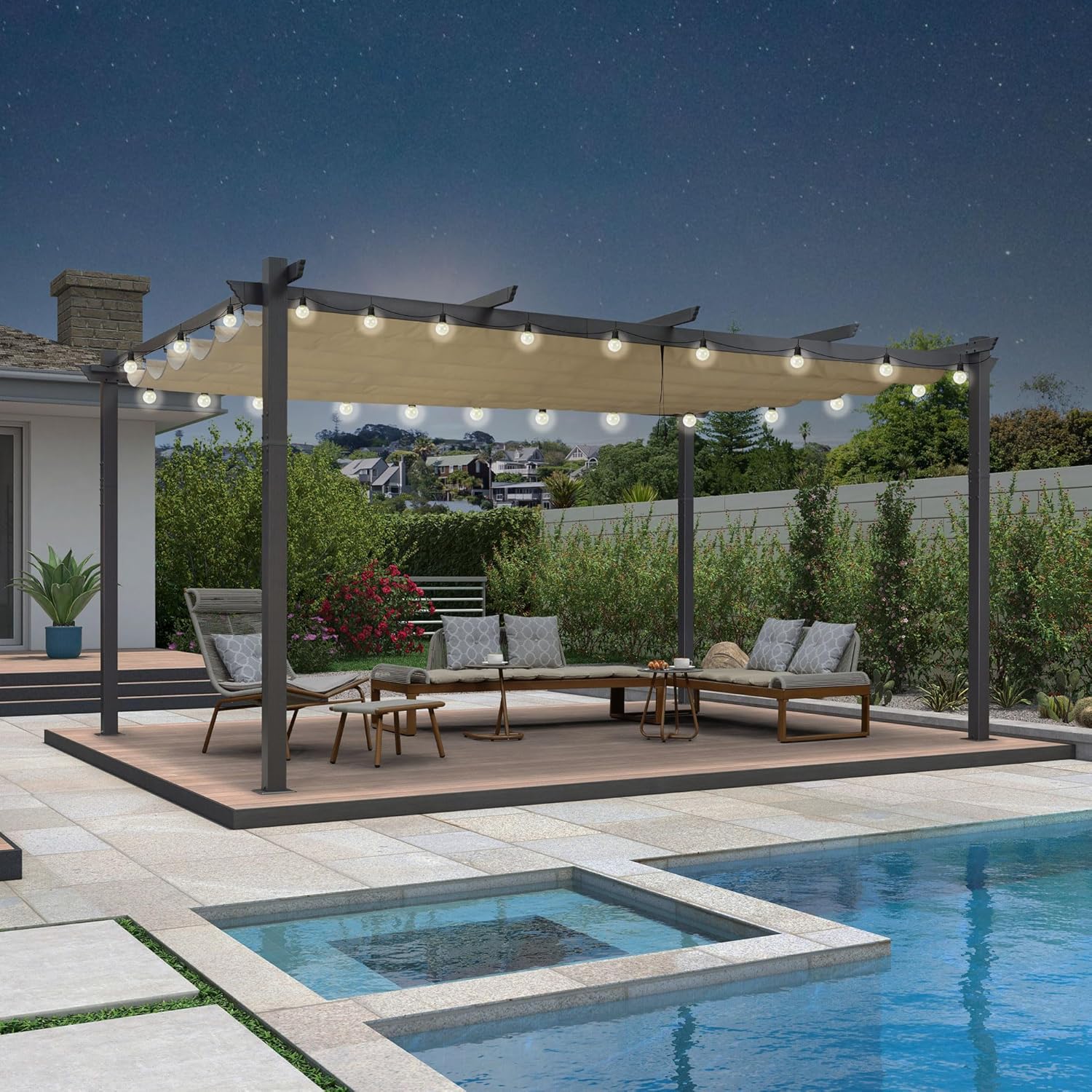 jardinito - pergola aluminium série LED - 4,8x3,5 m - toit rétractable, structure résistante, kaki