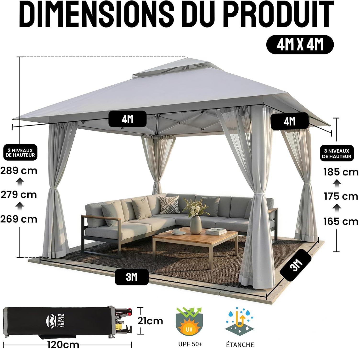 jardinito - tonnelle jardin pop up - 4x4 m - double toit, côtés maille, hauteur réglable
