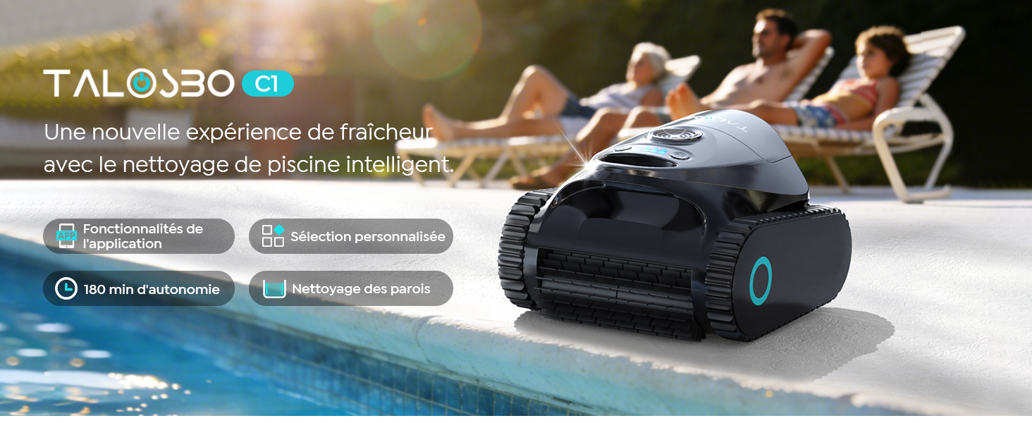 Le texte indique « jardinito C1 ». Vues multiples du robot nettoyeur de piscine noir avec démonstrations des caractéristiques techniques et affichage de l'interface.