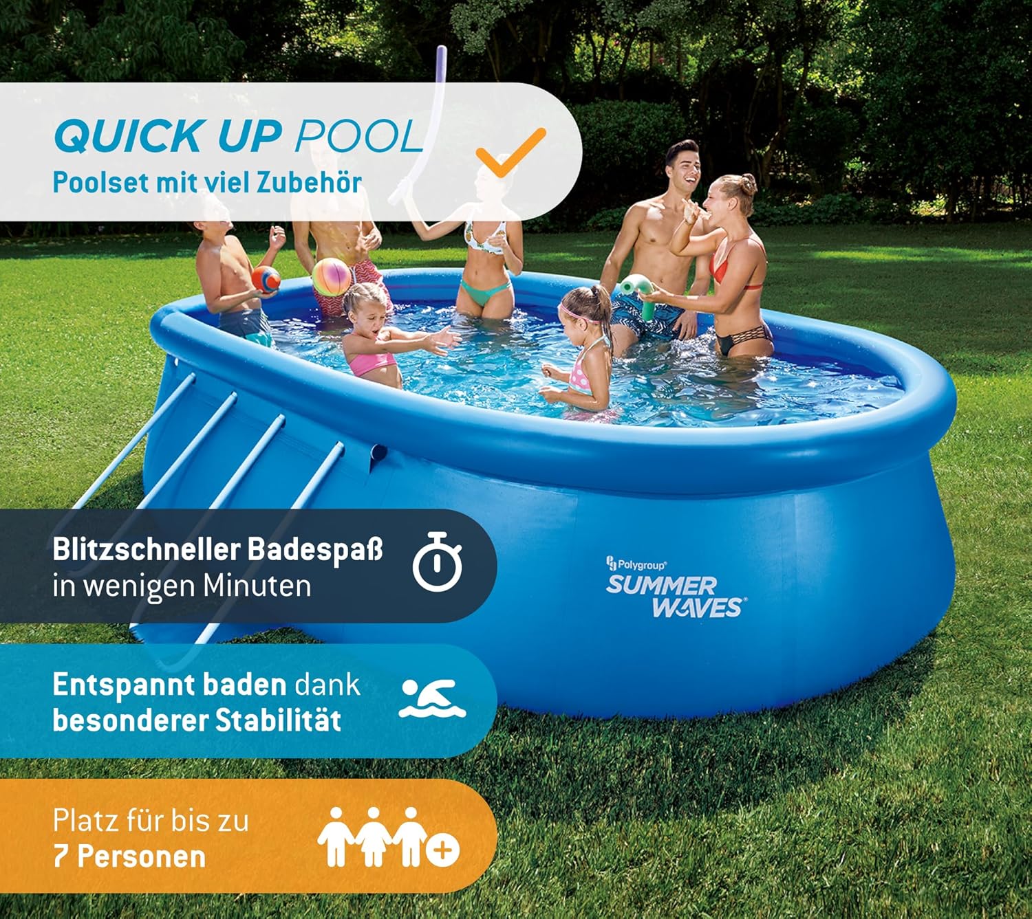 jardinito Quick Up Kit complet de piscine - Ovale - 457 x 305 x 107 cm - Bleu - Piscine hors-sol et piscine avec pompe à filtre, échelle, tapis de sol et bâche