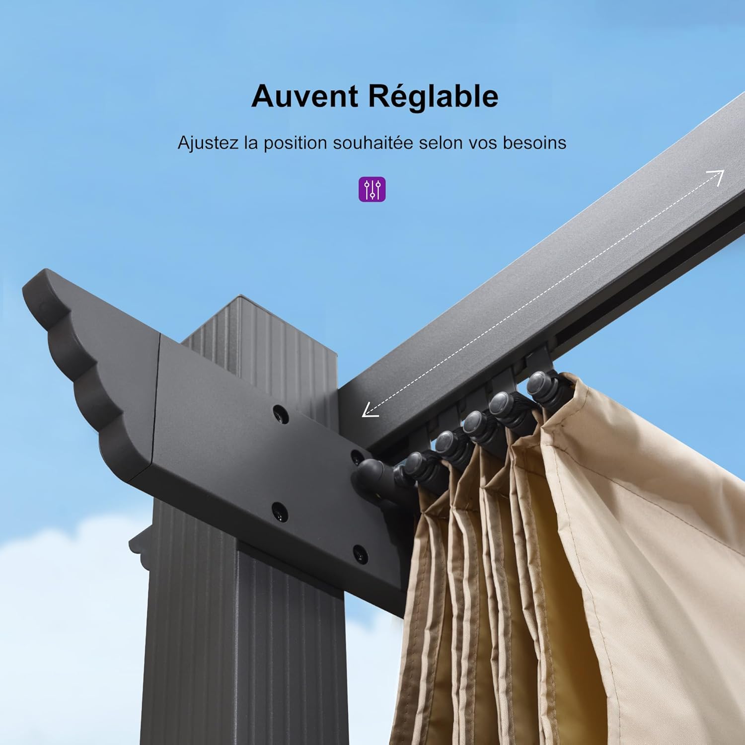 jardinito - Pergola Aluminium - 4x3m - Toit coulissant, tissu kaki