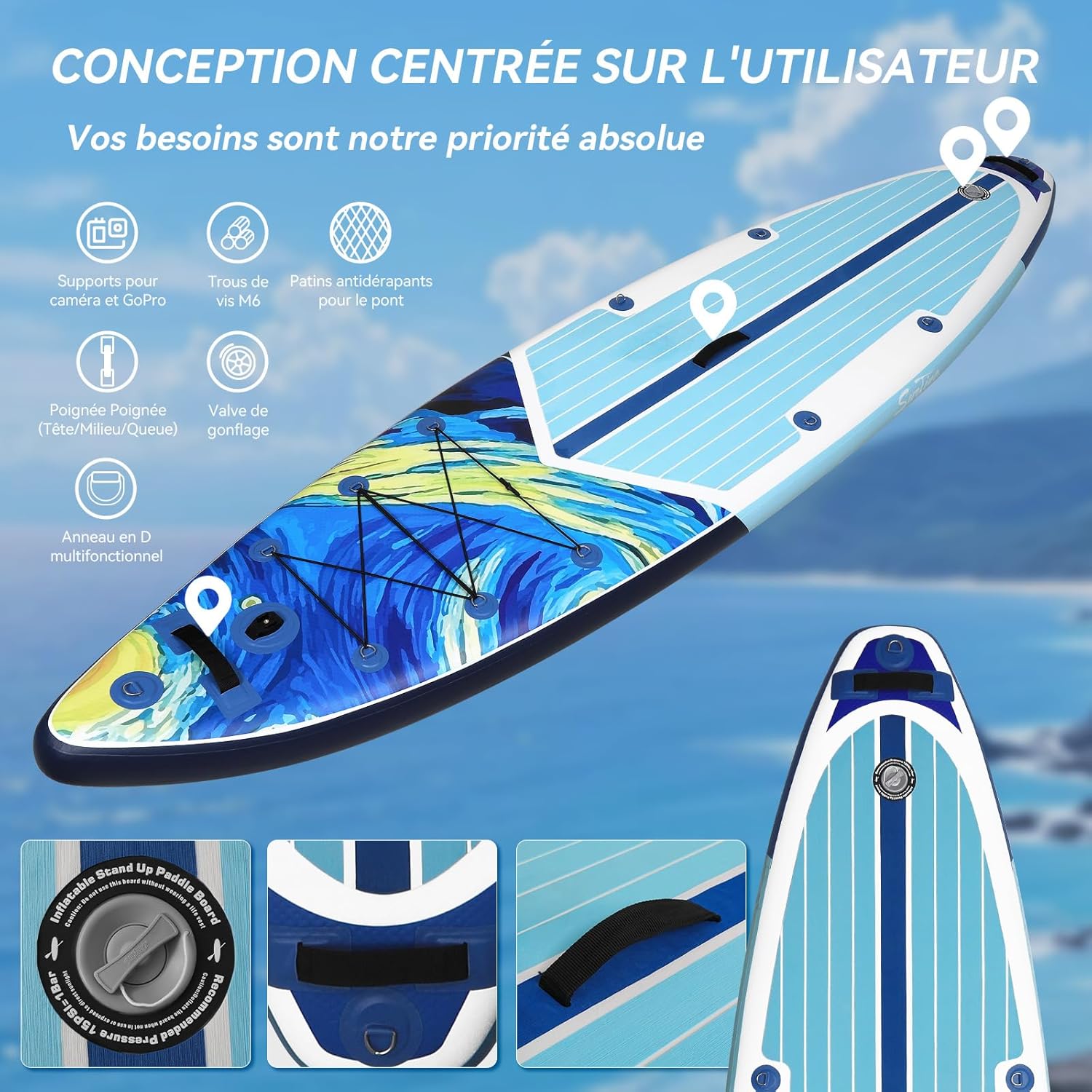 jardinito - Paddle gonflable adulte 320/335cm - 2 personnes, siège kayak, pagaie, support caméra, 150kg