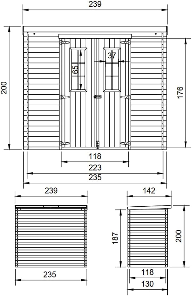Abri de Jardin en Bois avec Sol TRAITÉ - Stockage extérieur l239xL142xH200cm/2.63 m2 - Petit abri à Outils, Local à vélos - jardinito M310C+M310G