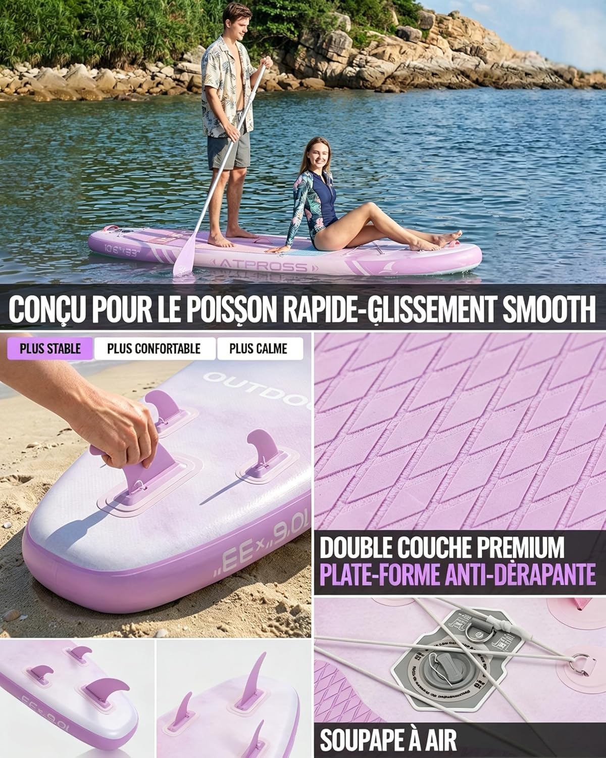 Stand up paddle gonflable adulte, 320x84cm, 2 places, charge 200kg
