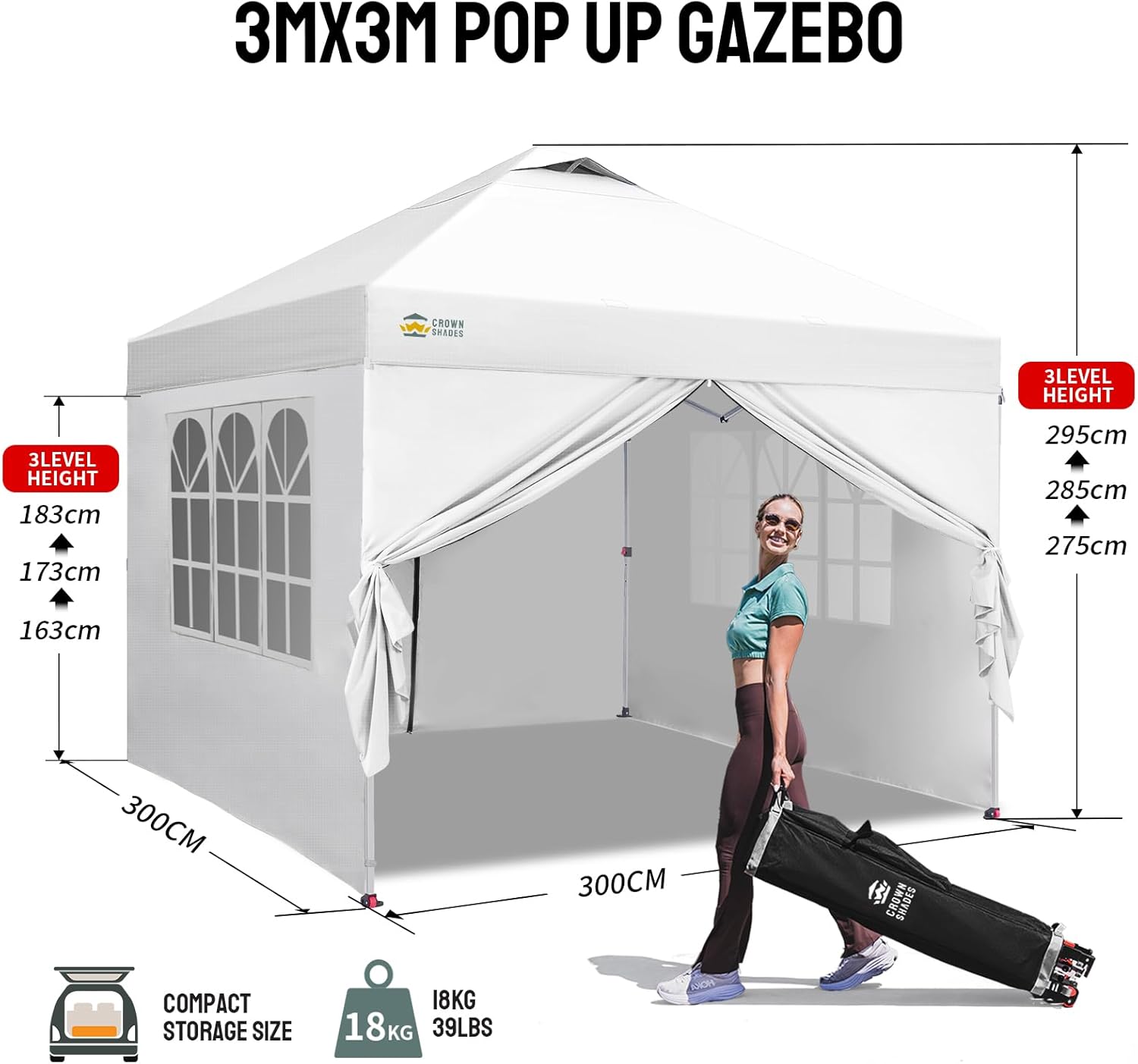 jardinito - Tonnelle Pliante - 3x3m - Imperméable, UPF 50+, 4 parois, sacs, blanc
