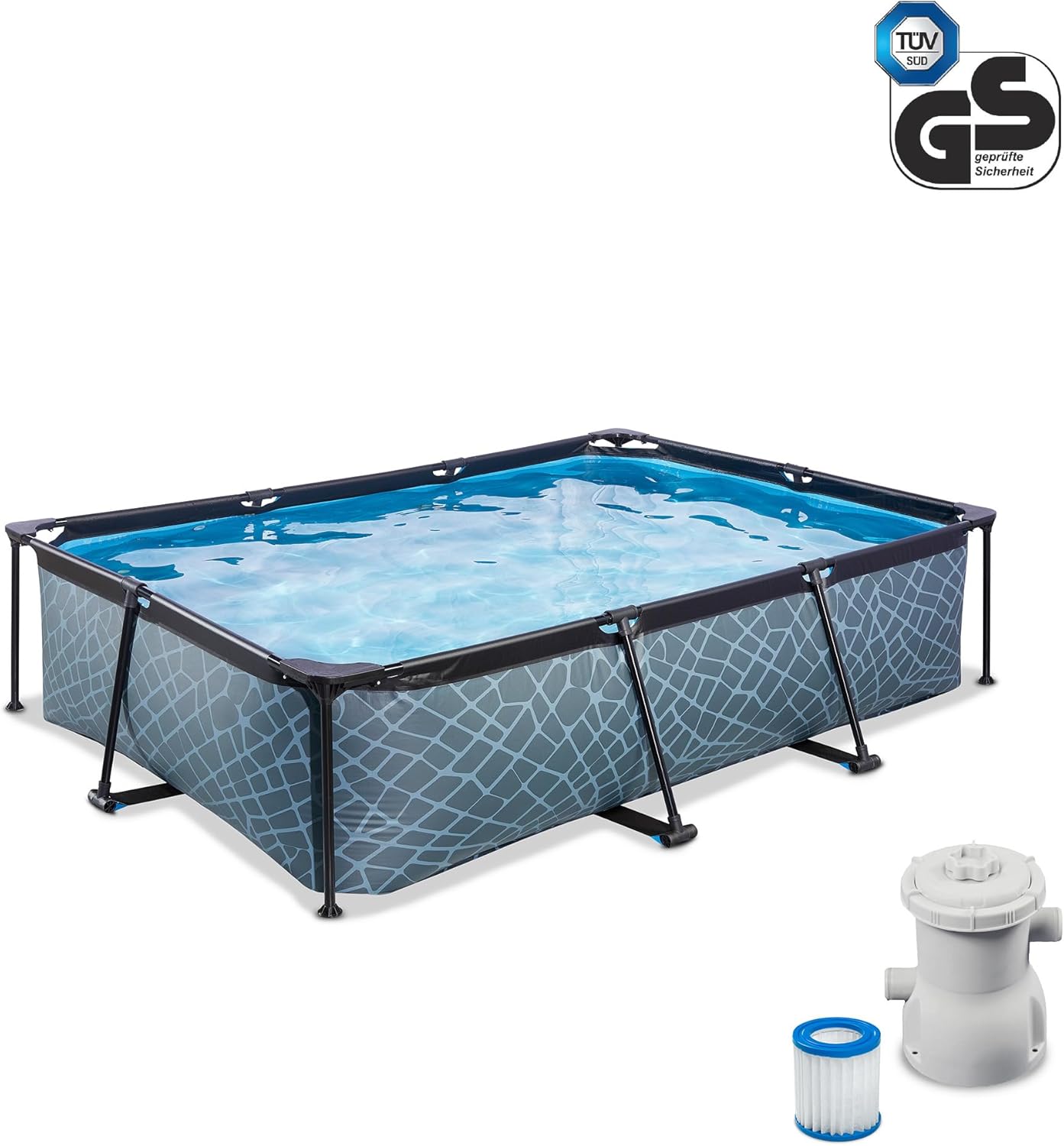 jardinito Piscine Stone - 300x200x65cm - Piscine Hors Sol Rectangulaire avec Pompe Filtrante à Cartouche - Entrée Basse - Idéal pour Les Jeunes Enfants - Cadre Stable - Design Unique - Gris