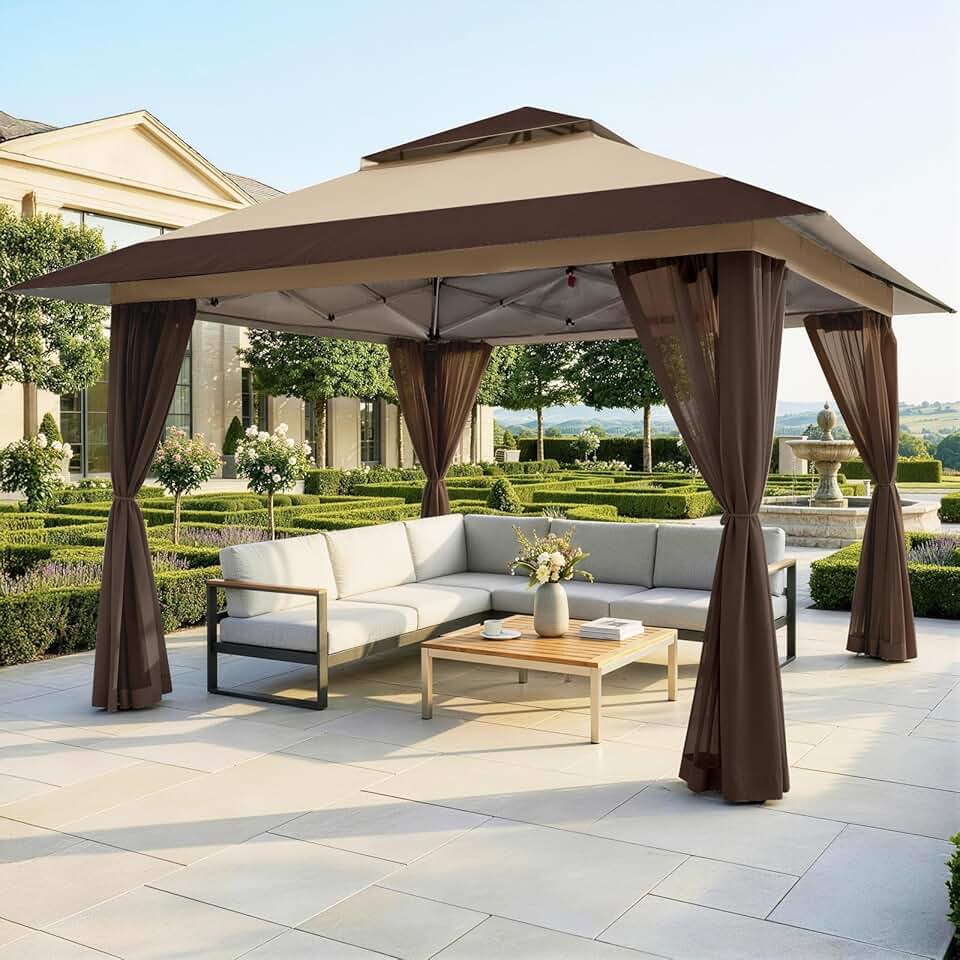 jardinito Tonnelle de Jardin 4 x 4 m, Pop Up Gezebo Exterieur Imperméable, Abri de Jardin Réglable en Hauteur, Double Toit avec Côtés en Maille Zippée, Sac de Transport, Beige