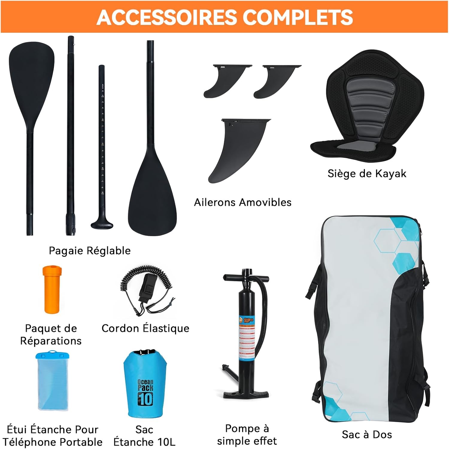 jardinito - Paddle gonflable adulte - 320/335cm - 2 personnes, siège kayak, pagaie alu, caméra, pompe, 150kg