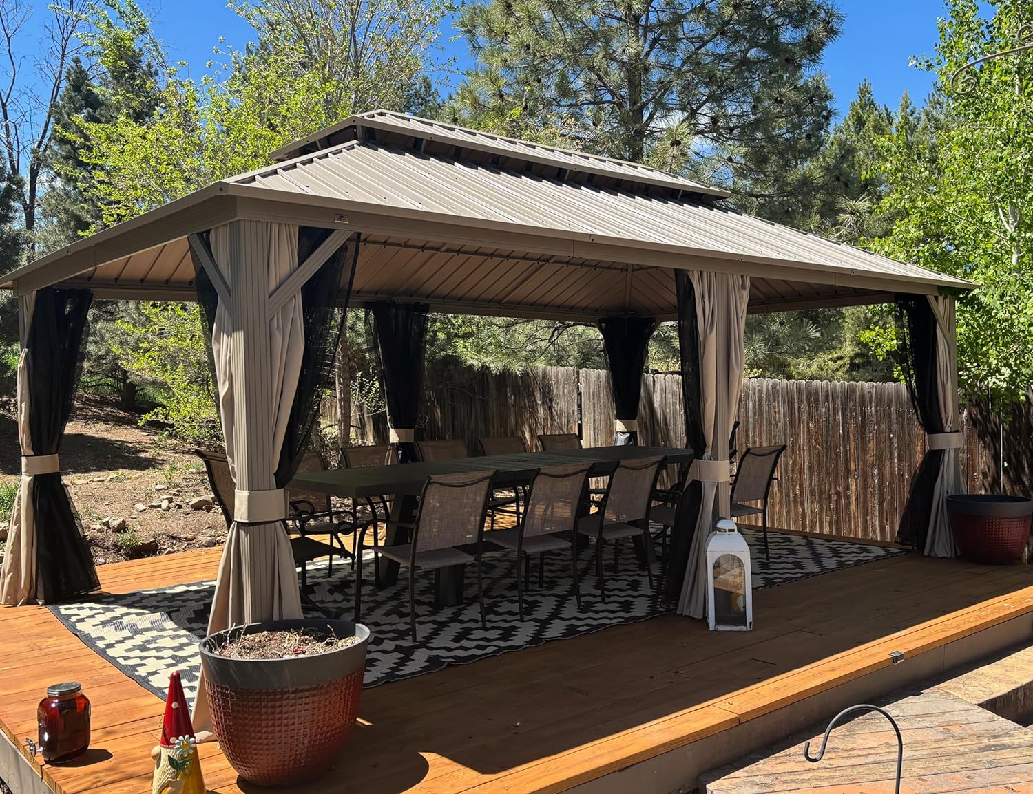jardinito - Pergola série Champagne - 6 x 3,65 m - aluminium, toit acier, moustiquaire et rideaux