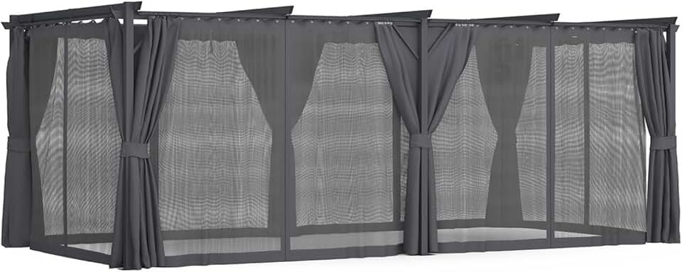 jardinito - Pergola intégrale moustiquaire, toit rétractable 3x6m, 6 rideaux gris