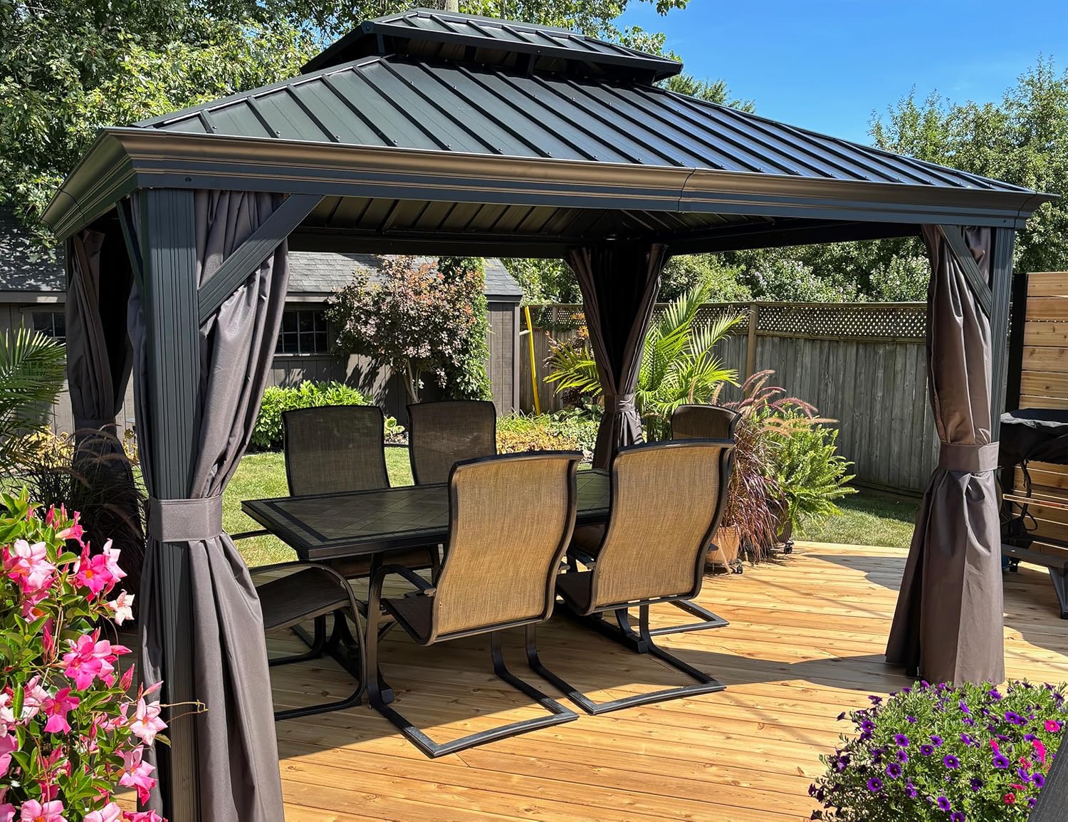 jardinito - tonnelle jardin série toit rigide - 3,65x3m - acier galvanisé, gouttière, rideaux épais