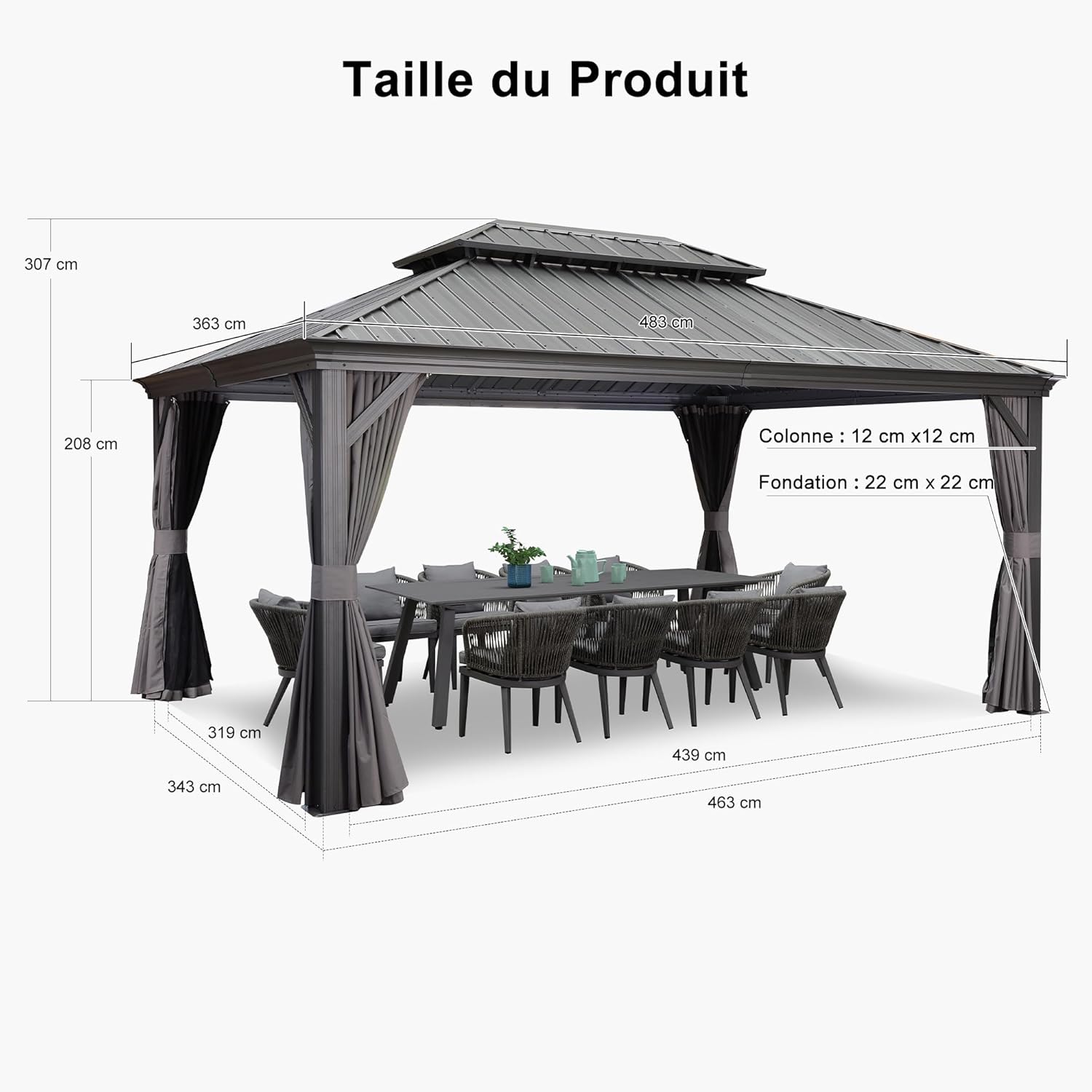 jardinito - tonnelle aluminium série - 4,85x3,65m - éclairage intégré, rideaux moustiquaires, gouttière, gris