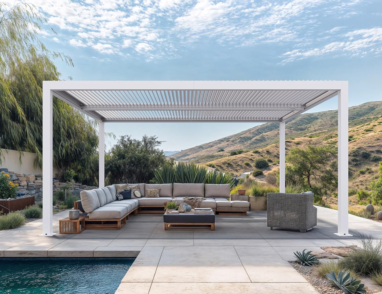 jardinito - Pergola bioclimatique aluminium 4,6x3,3m, lames orientables, blanc