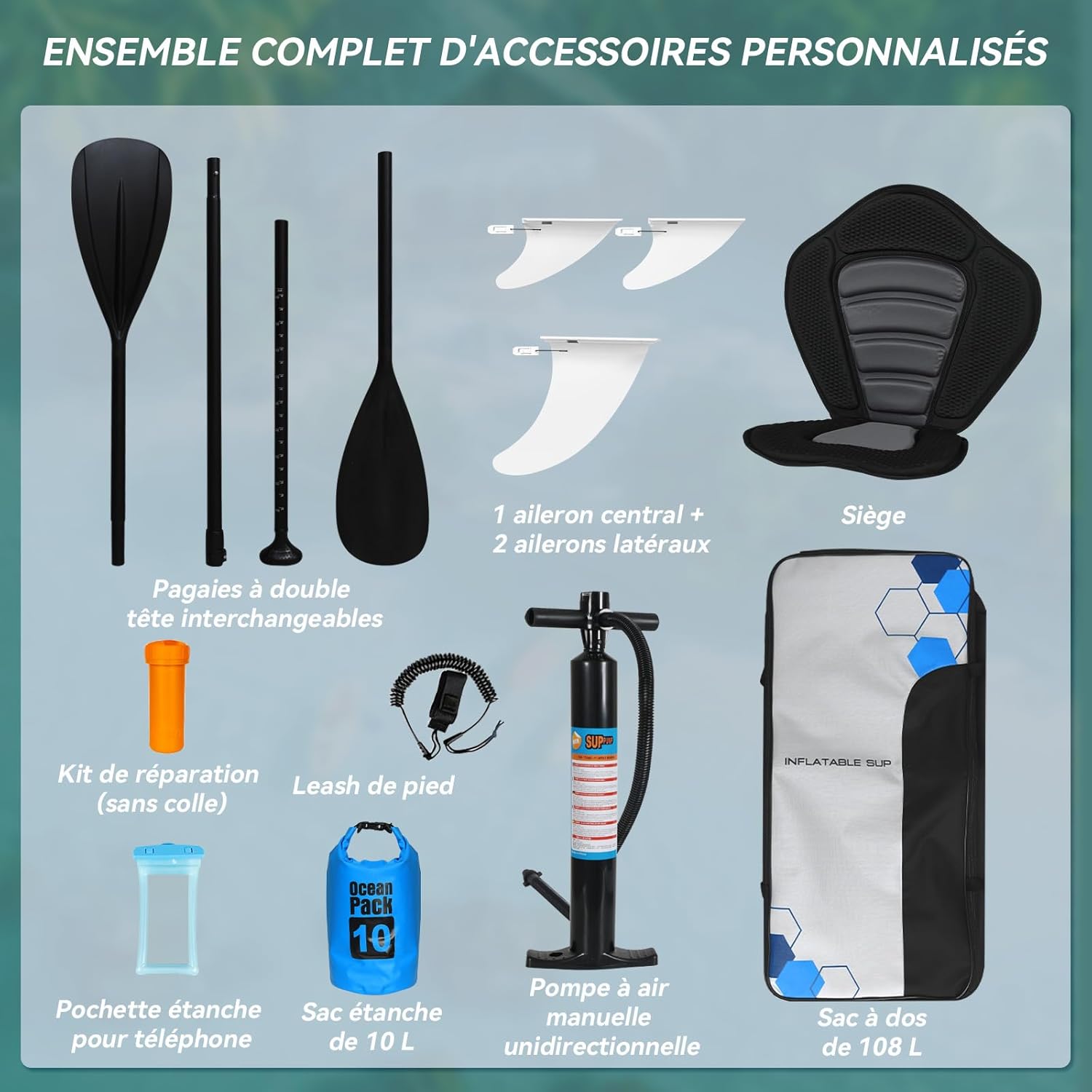 jardinito - paddle gonflable adulte - 320/335cm - 2 places, siège kayak, pagaie alu, support caméra, pompe, 150 kg