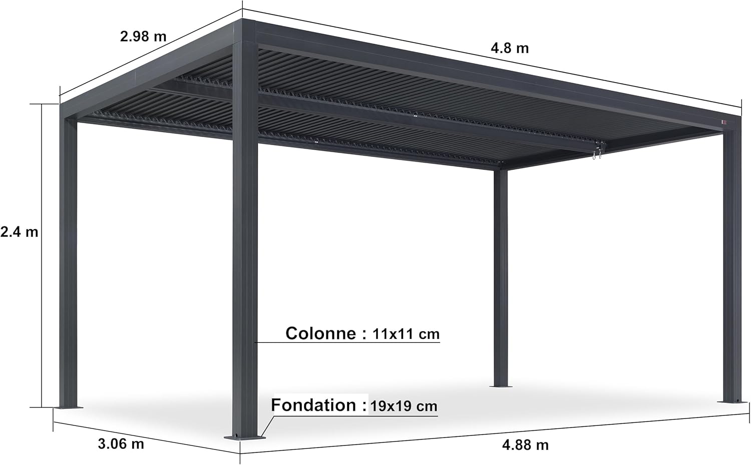 jardinito - Pergola bioclimatique - 4,8x3 m - stores enrouleurs, lames orientables, gris