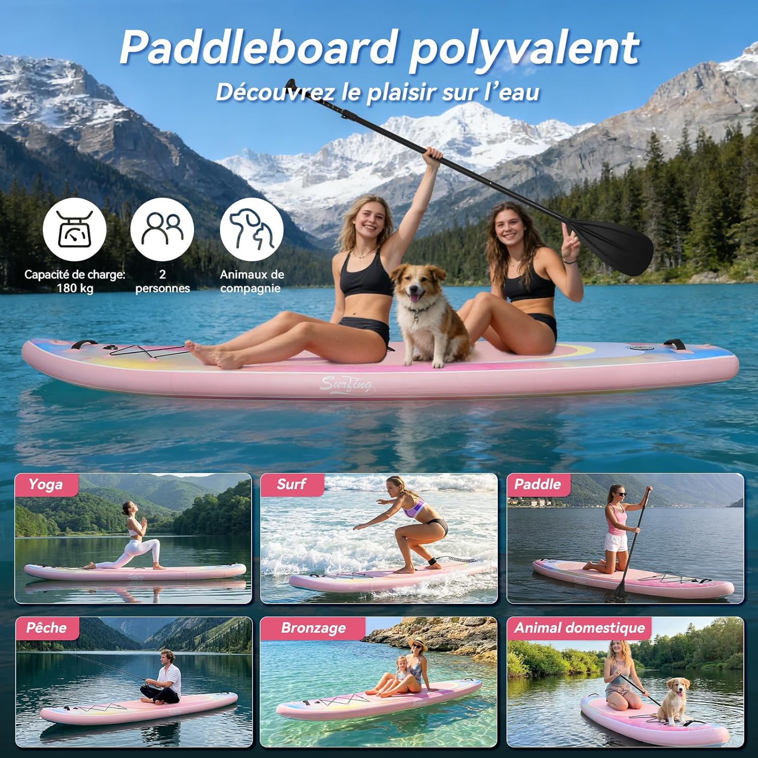 jardinito - Paddle Gonflable Série Adulte - 320/335cm - 2 places, siège kayak, pagaie alu, support caméra, pompe, 150kg
