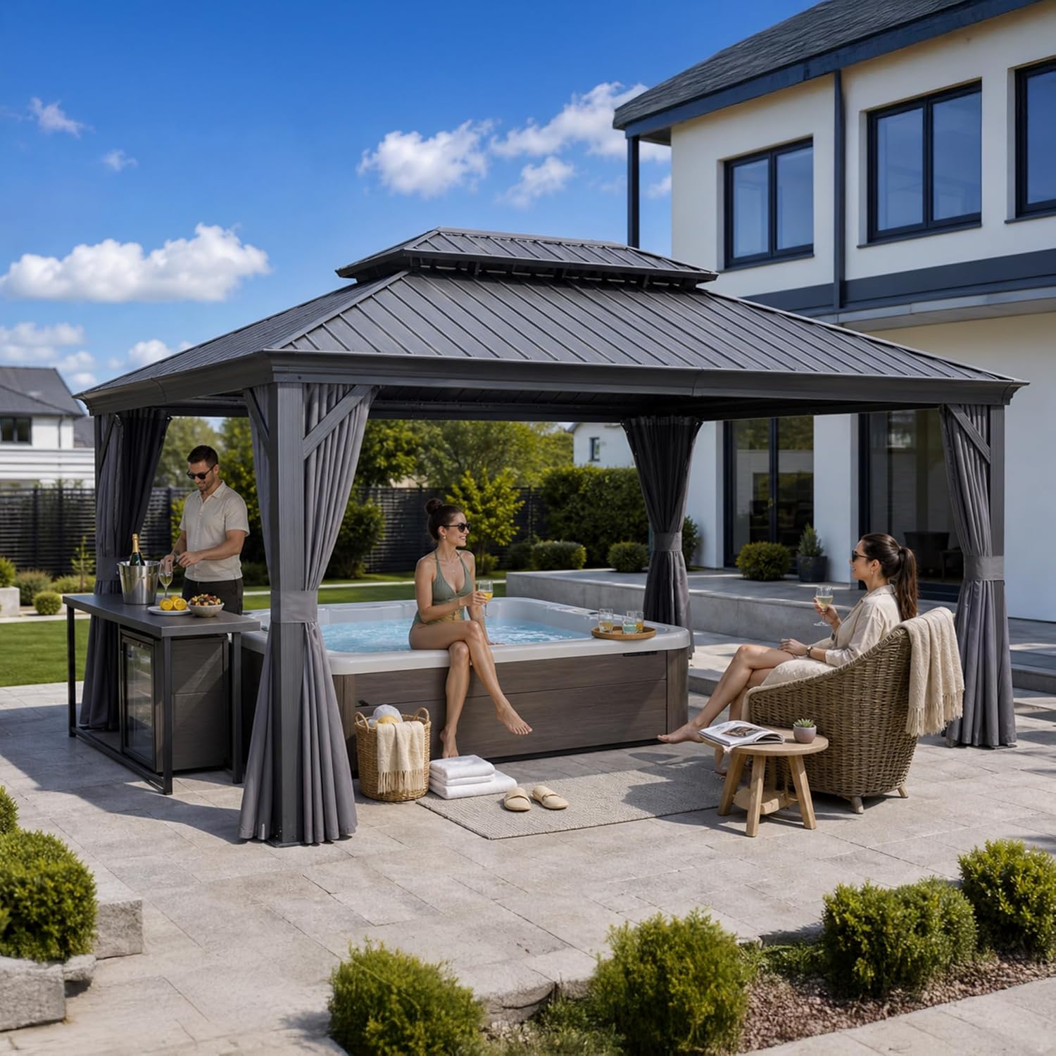 jardinito - Tonnelle série toit double - 4,85×3,65m - acier galvanisé, rideaux épais, gouttière