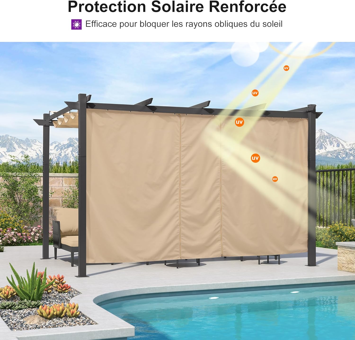 jardinito - pergola aluminium - 4x3m - rideau, toit rétractable, kaki