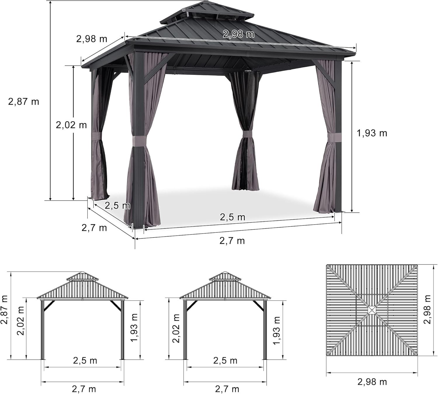 jardinito - tonnelle extérieur double toit 3x3m, alu et acier, rideaux, guirlande lumineuse
