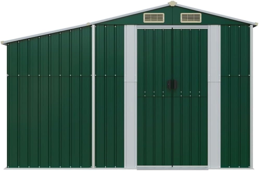 Abri de jardin vert 277 x 93 x 179 cm en acier galvanisé avec toit incliné et ouvertures d'aération pour outils de jardin et stockage du bois de chauffage
