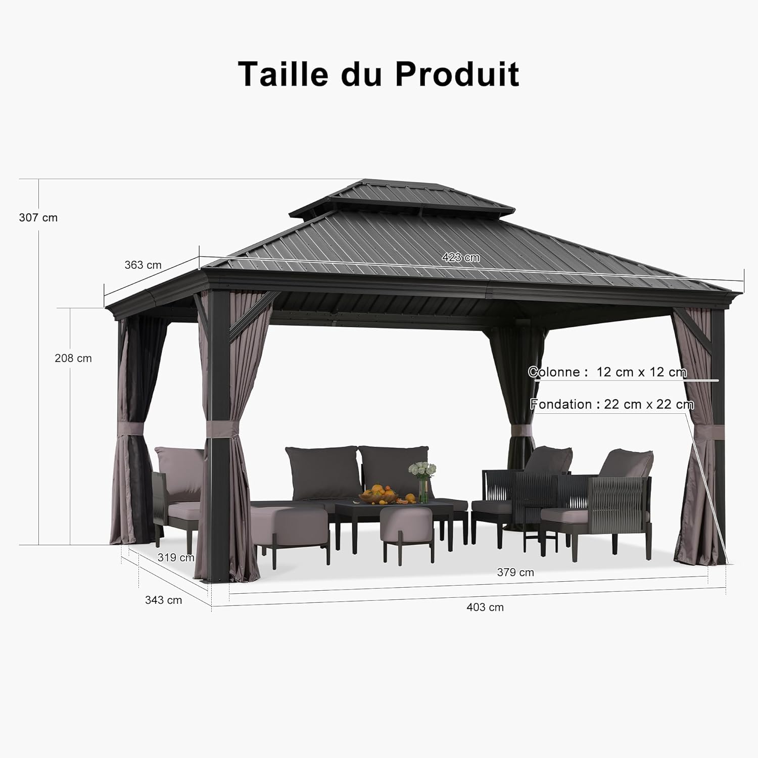 jardinito - tonnelle aluminium - 4,25x3,65m - éclairage intégré, rideaux moustiquaires, gouttière, poteaux renforcés