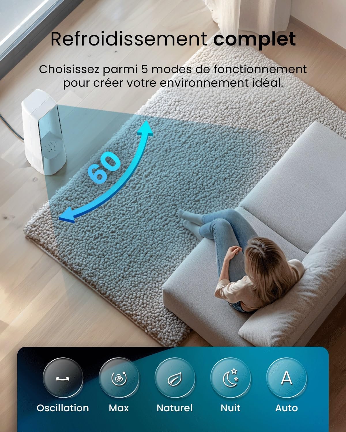jardinito - Ventilateur Tour WiFi Intelligent 101cm - Silencieux, LED, télécommande, 6 vitesses, oscillation