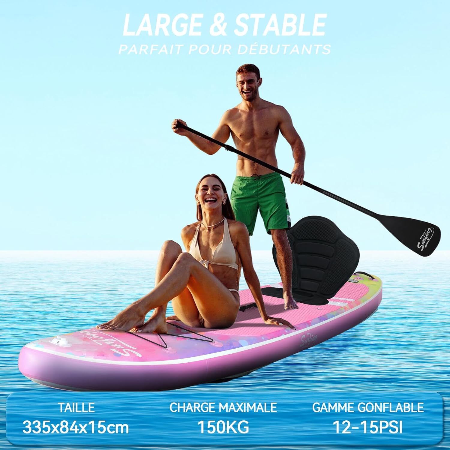 jardinito - Paddle gonflable 320/335cm - 2 pers, siège kayak, 150kg