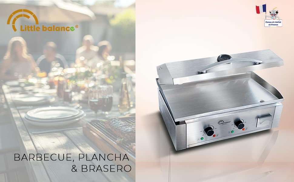 Le texte indique « jardinito » et « BARBECUE, PLANCHA & jardinito ». Cuisinière commerciale en acier inoxydable avec deux brûleurs sur fond de table.