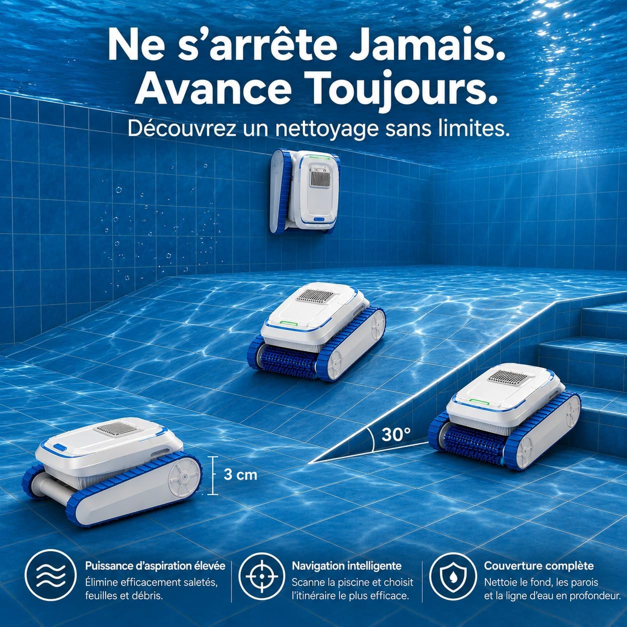 (2026 Mise à Niveau) Robot de Piscine QD40 Sol et Paroi, Nettoyage Ligne d'eau, Navigation Intelligente, Aspirateur Puissant 18927 L/H avec contrôle par App, pour piscines jusqu'à 170㎡