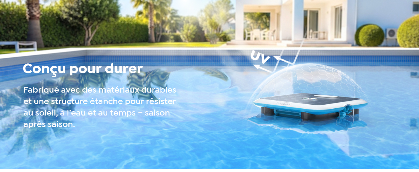 Série de scènes de piscine montrant des zones de piscine illuminées au crépuscule ou la nuit. L'éclairage LED bleu crée une lueur d'ambiance dans l'eau.
