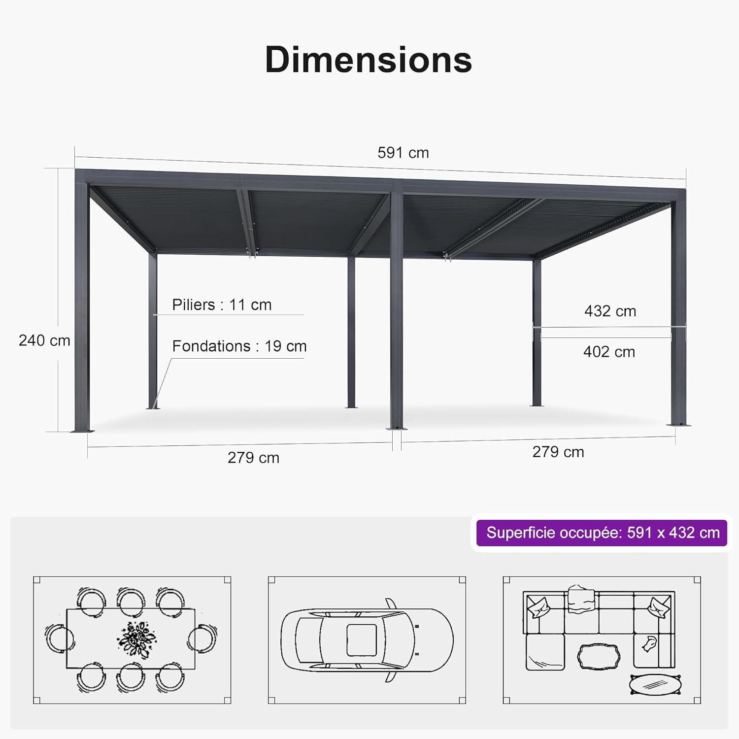 jardinito - pergola bioclimatique - 6x4,24m aluminium, lames indépendantes