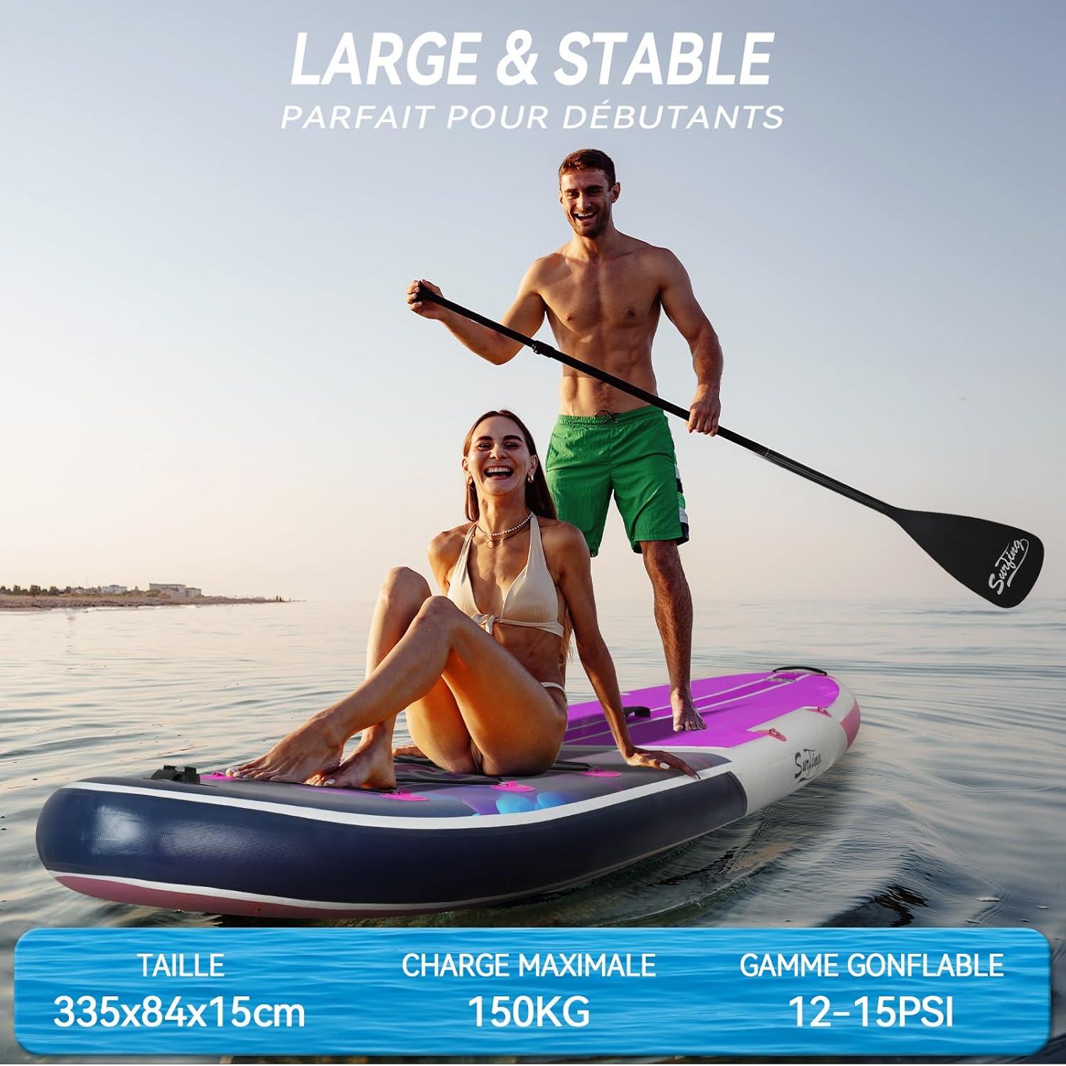 jardinito - Paddle gonflable 320/335 cm - 2 places, siège kayak, pagaie, pompe, 150 kg