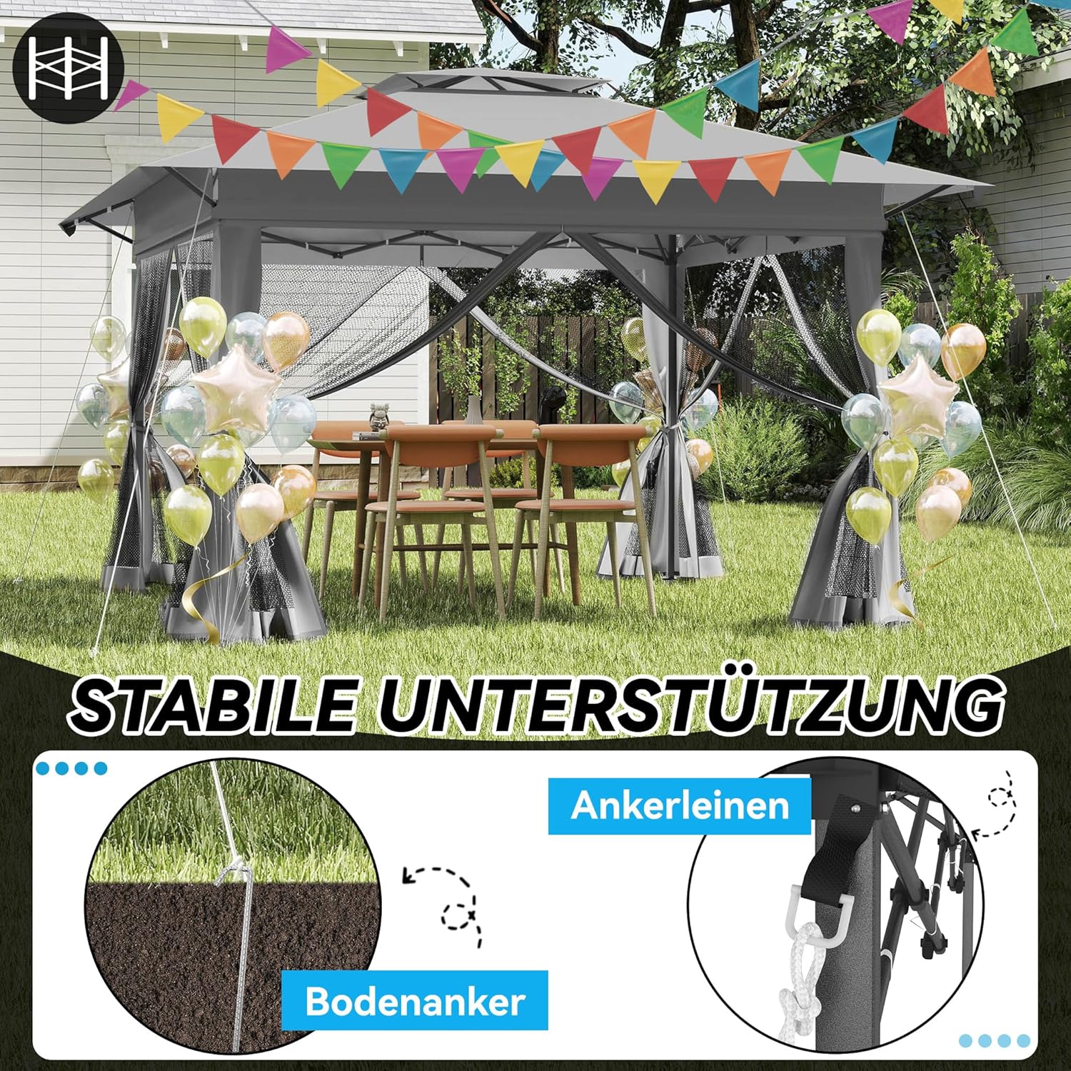 Tonnelle de jardin - Pop Up 4x4m - imperméable, UV, réglable, moustiquaire