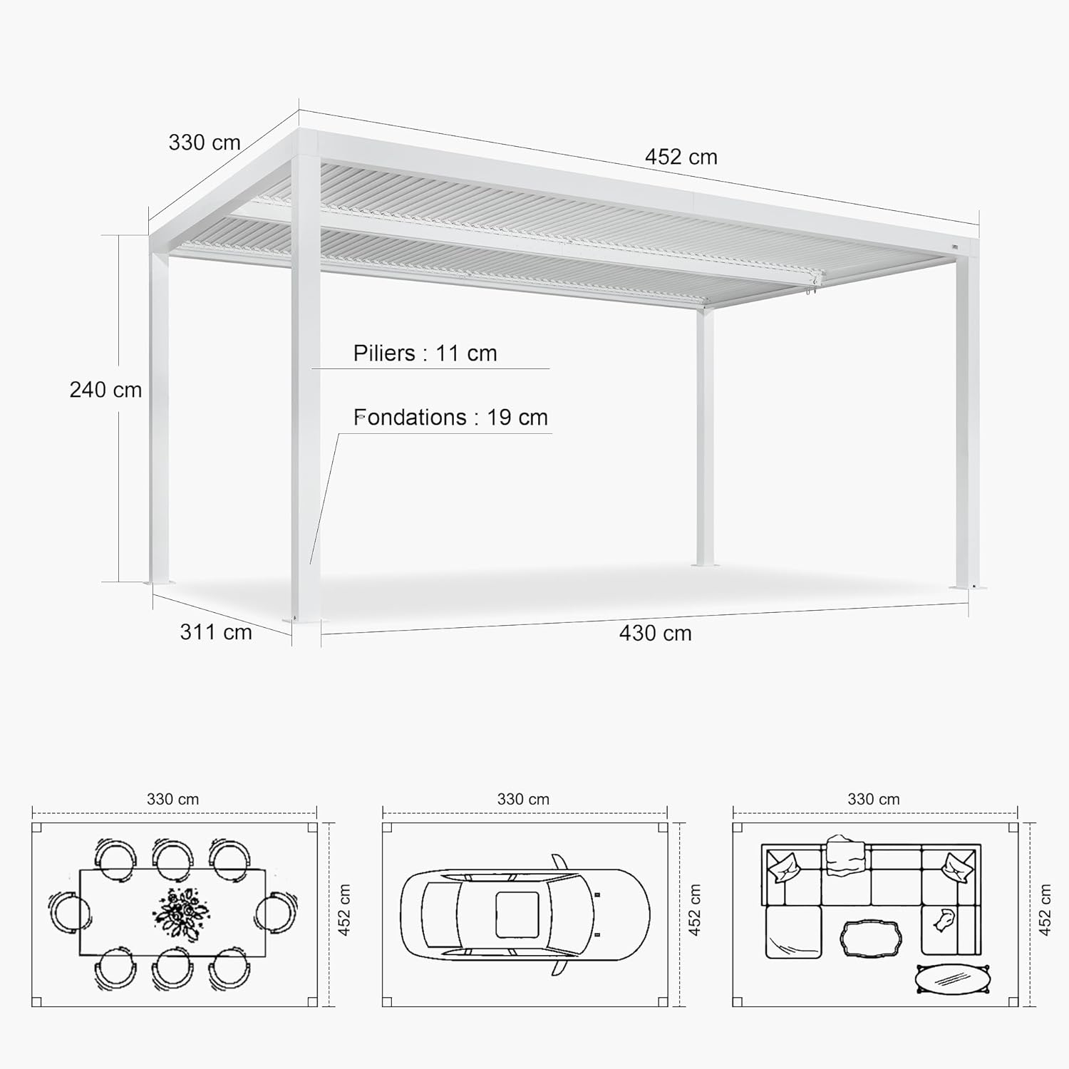 jardinito - Pergola bioclimatique aluminium 4,6x3,3m, lames orientables, blanc