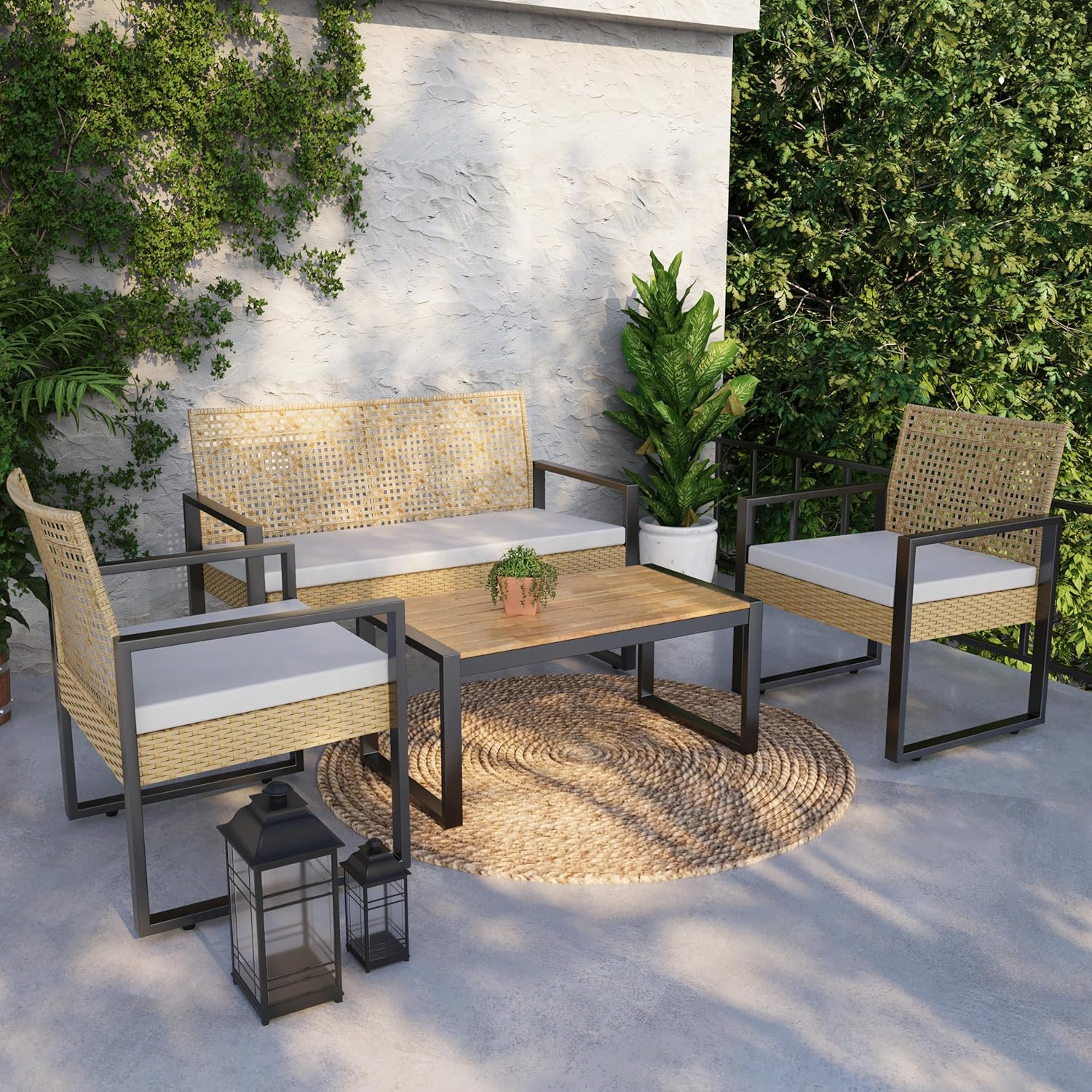 jardinito - Salon de jardin 4 pièces, acier/acacia, 2 chaises + banc, beige/naturel