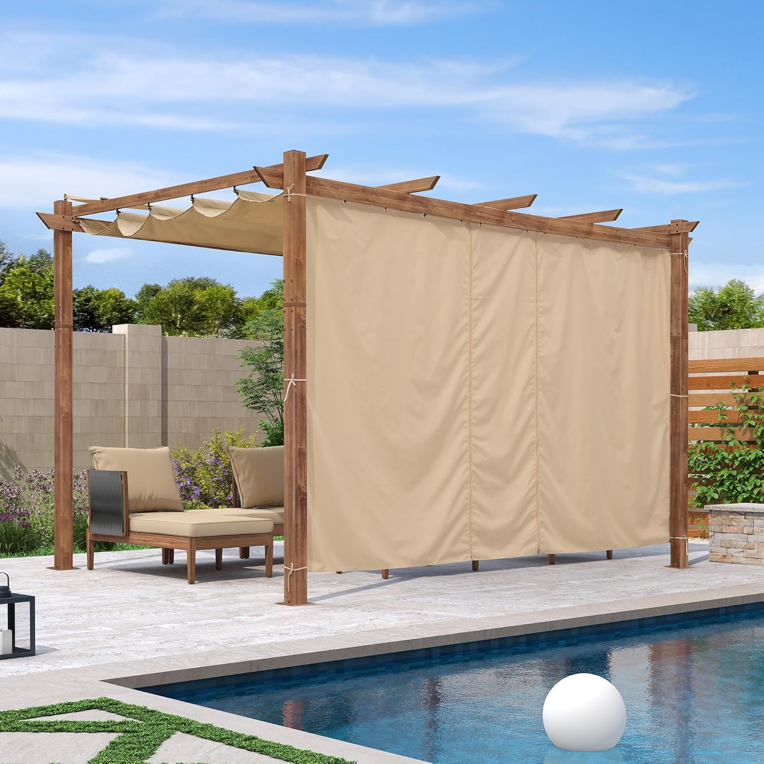 jardinito - Pergola alu finition teck 4x3m - toile rétractable, rideau, kaki