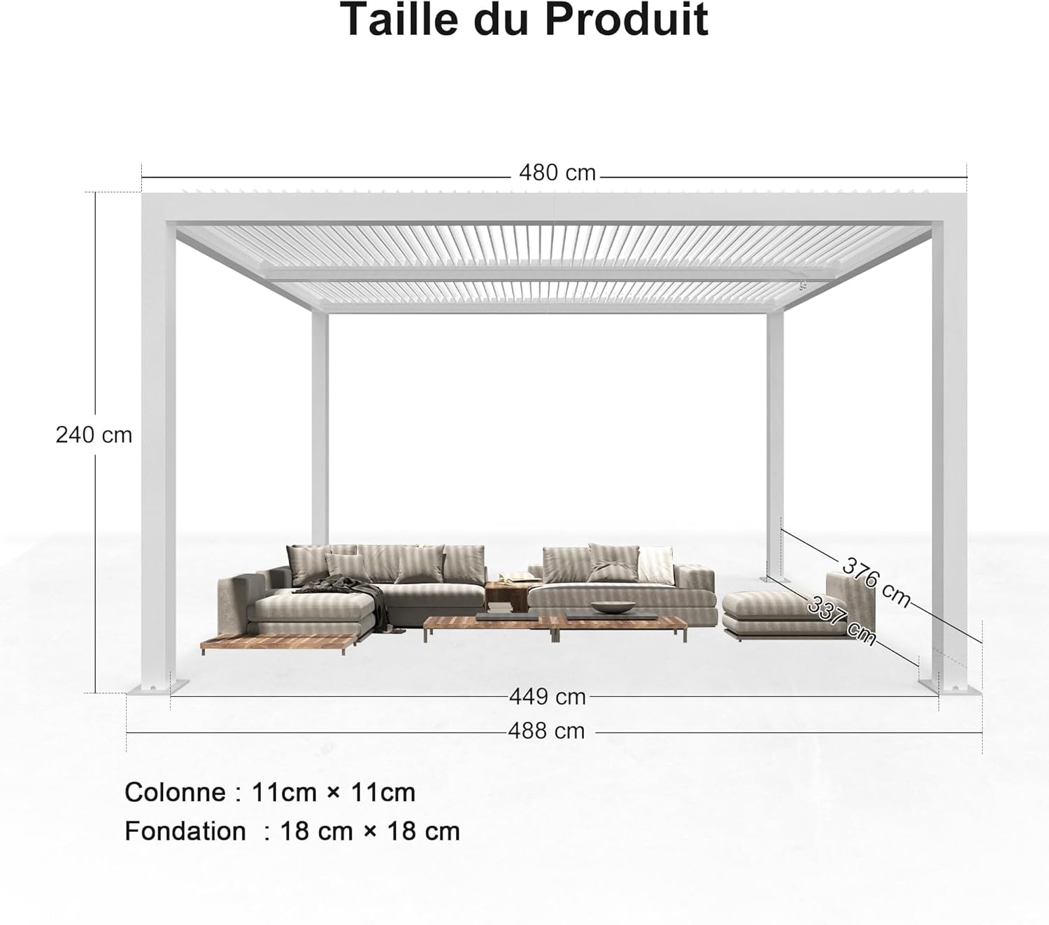 jardinito - Pergola bioclimatique - 4,8x3,68m - lames orientables, éclairage intégré, aluminium, blanc